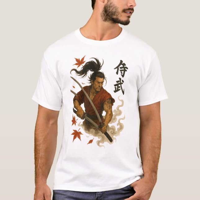 Fierce Samurai Warrior – Dual Katana Ink Art Desig T Shirt (Framsida)