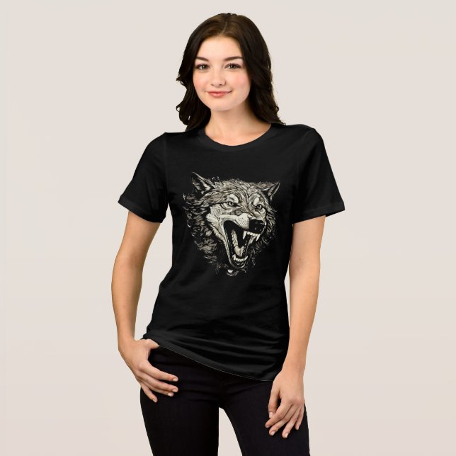 Fierce Snarling Wolf Head Illustration T Shirt (Framsida Full)