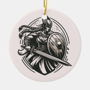 Fierce Valkyrie Warrior - Norse Mythology Line Art Julgransprydnad Keramik