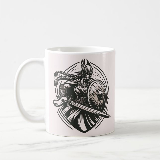 Fierce Valkyrie Warrior - Norse Mythology Line Art Kaffemugg (Vänster)