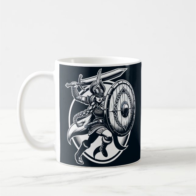 Fierce Valkyrie Warrior - Norse Mythology Line Art Kaffemugg (Vänster)