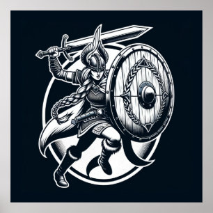 Fierce Valkyrie Warrior - Norse Mythology Line Art Poster