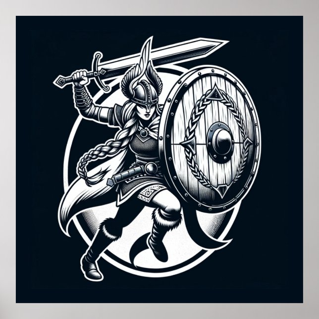 Fierce Valkyrie Warrior - Norse Mythology Line Art Poster (Framsidan)
