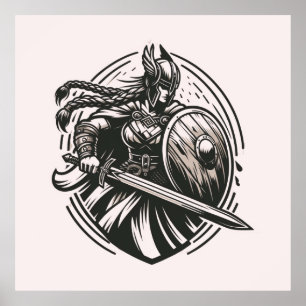 Fierce Valkyrie Warrior - Norse Mythology Line Art Poster