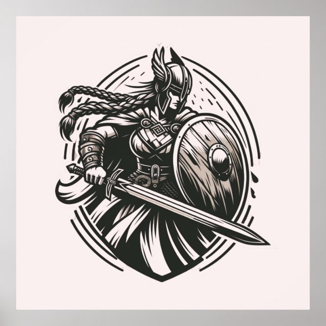 Fierce Valkyrie Warrior - Norse Mythology Line Art Poster (Framsidan)