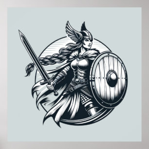 Fierce Valkyrie Warrior - Norse Mythology Line Art Poster