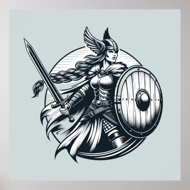 Fierce Valkyrie Warrior - Norse Mythology Line Art Poster (Framsidan)