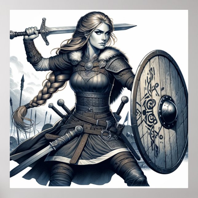 Fierce Valkyrie Warrior - Norse Mythology Line Art Poster (Framsidan)