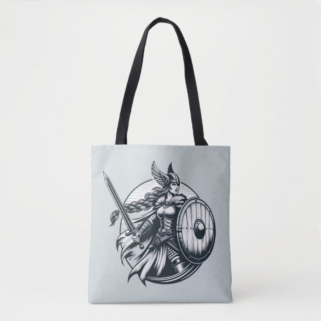 Fierce Valkyrie Warrior - Norse Mythology Line Art Tygkasse (Framsida)