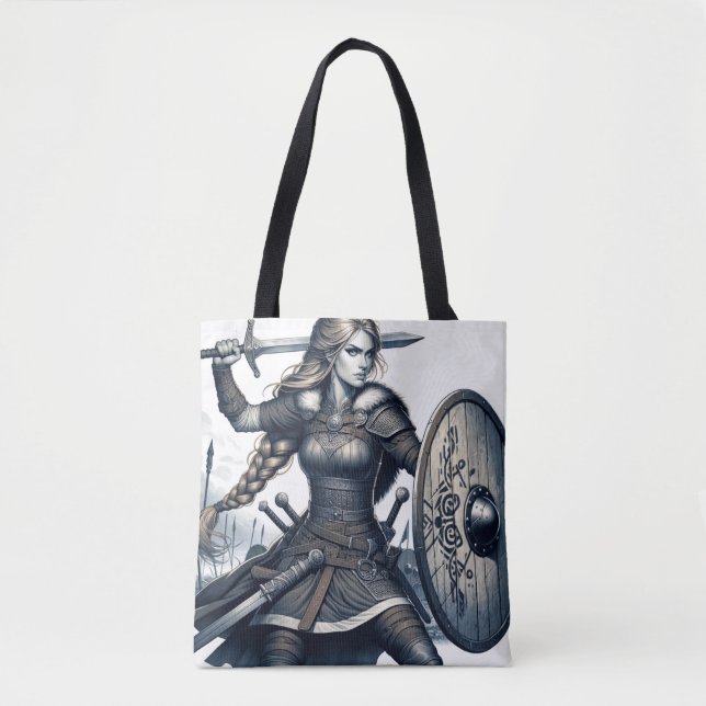 Fierce Valkyrie Warrior - Norse Mythology Line Art Tygkasse (Framsida)