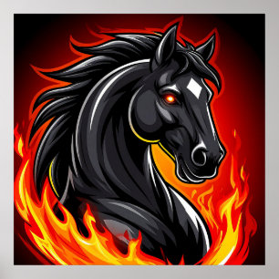 Fiery Black Horse Illustration med Glowing Ögon Poster