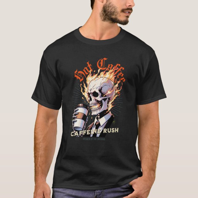 Fiery Blasing Skull med Hett Coffee T Shirt (Framsida)