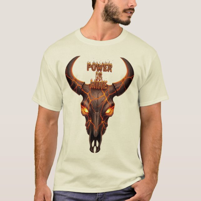 Fiery Bull Skull "Power Is Mine" - Lava Effect Gra T Shirt (Framsida)