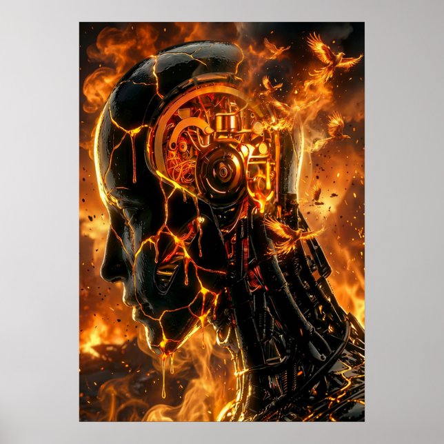 Fiery Cybernetic Phoenix Cracked Robot Head Poster (Framsidan)