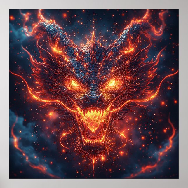 Fiery Dragon Head Radiating Intense Energy Poster (Framsidan)