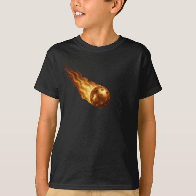 Fiery Golden Flames | Pickleball Player Kids Black T Shirt (Framsida)