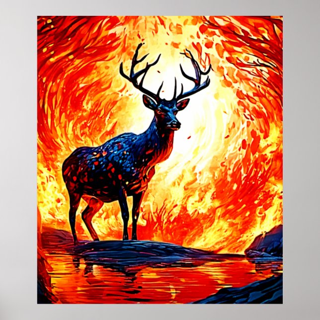 Fiery Hjort Stance-Crimson Stag Scene Poster (Framsidan)