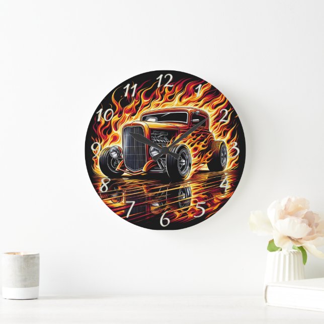 Fiery Hot rod Automotive Stor Klocka (Hem)