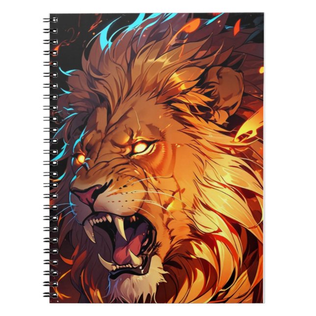 Fiery Lejon med Vibrant Mane och Nature Inslag Anteckningsbok (Framsidan)