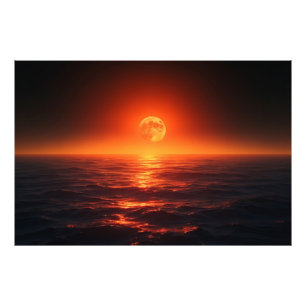 Fiery Måne över Lugn Ocean Fantasy Sunset Fototryck