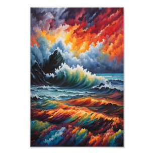 Fiery Ocean Storm - Abstrakt Sjölandskap Art Fototryck