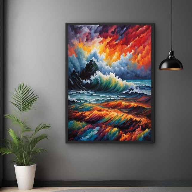 Fiery Ocean Storm - Abstrakt Sjölandskap Art Poster (Skapare uppladdad)
