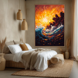 Fiery Ocean Wave Contemporary Expressionist Artwor Canvastryck