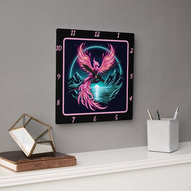 Fiery Phoenix ovan Silent Mountain Fyrkantig Klocka (Kontor)