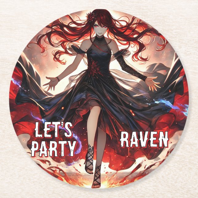 Fiery Raven Gothic Anime Girl Party Design Underlägg Papper Rund (Framsidan)