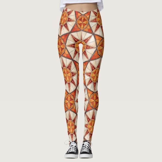 Fiery Red and Orange Starburst - Geometric Mosaic Leggings (Framsida)