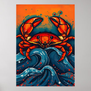 Fiery Red Crab - Bold Sea Creatin Splashy Surfa Poster
