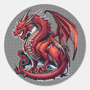 Fiery Red Dragon på Metall Diamond Plate Runt Klistermärke