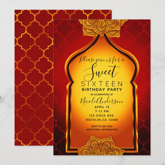 Fiery Red Guld Royal Indian Arabian Sweet 16 Party Inbjudningar (Fram/baksida)