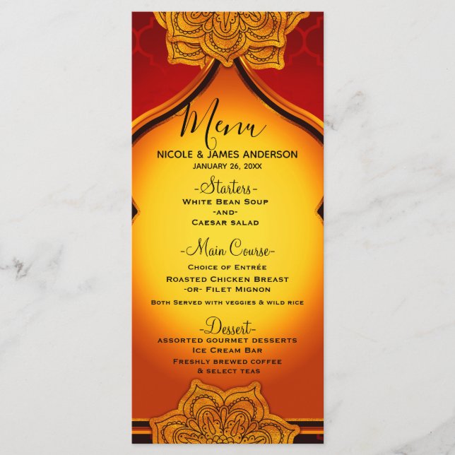 Fiery Red Guld Royal Mandala Indian Moroccan Menu Meny (Framsida)
