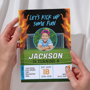 Fiery Soccer Theme Boys Photo Birthday Inbjudningar
