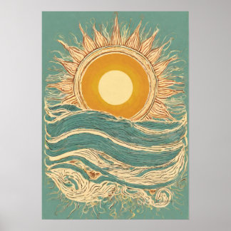 Fiery Sol on Grönt Sol Illustration Wall Art Print Poster