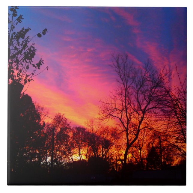 Fiery Sunset genom Träd Kakelplatta (Framsidan)