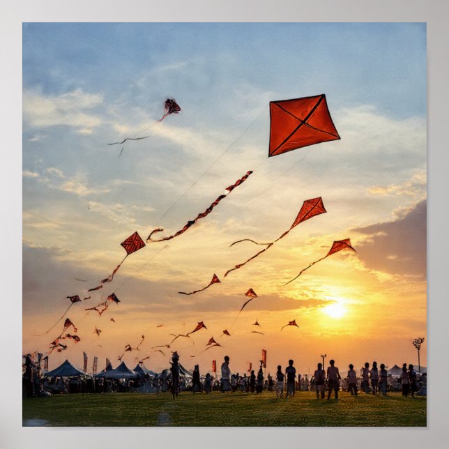 Fiery Sunset Kites - Festival Silhouettes Poster (Framsidan)