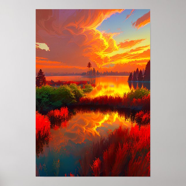 Fiery Sunset Reflection, Sjö Bathed in Crimson Poster (Framsidan)