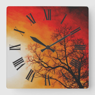 Fiery Sunset & Träd Grenar Nature Art Fyrkantig Klocka