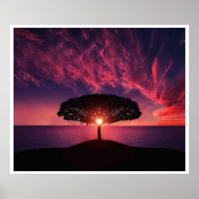 Fiery Sunset Träd Silhouette Poster (Framsidan)