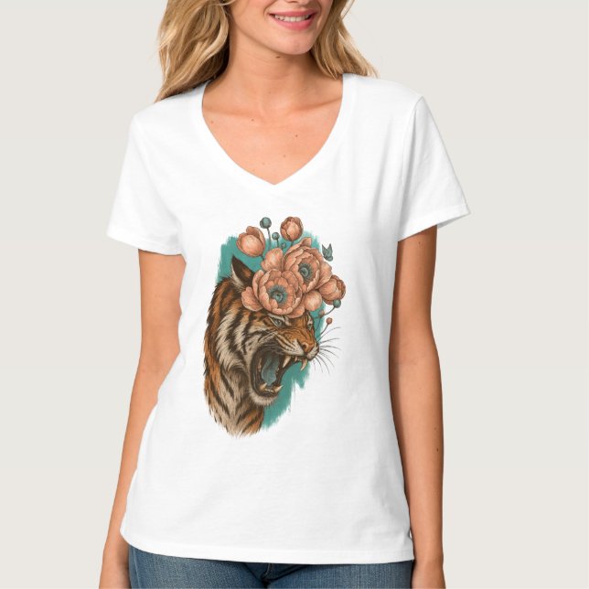 Fiery Tiger Bloom T Shirt (Framsida)