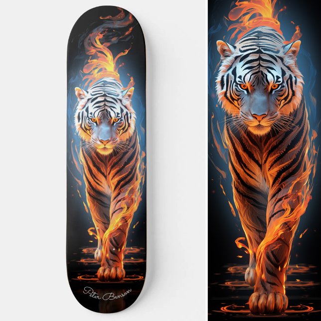 Fiery Tiger White & Blue Glowing Coola Stil Mini Skateboard Bräda 18,5 Cm (Fiery Tiger White & Blue Glowing Cool Style Skateboard)