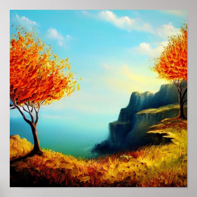 Fiery Träd på ett Cliffside Oceanscape Poster (Framsidan)