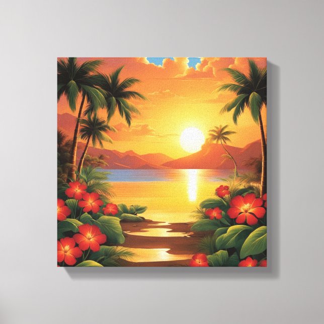 Fiery Tropical Sunset med Handflatan Träd Canvastryck (Framsida)