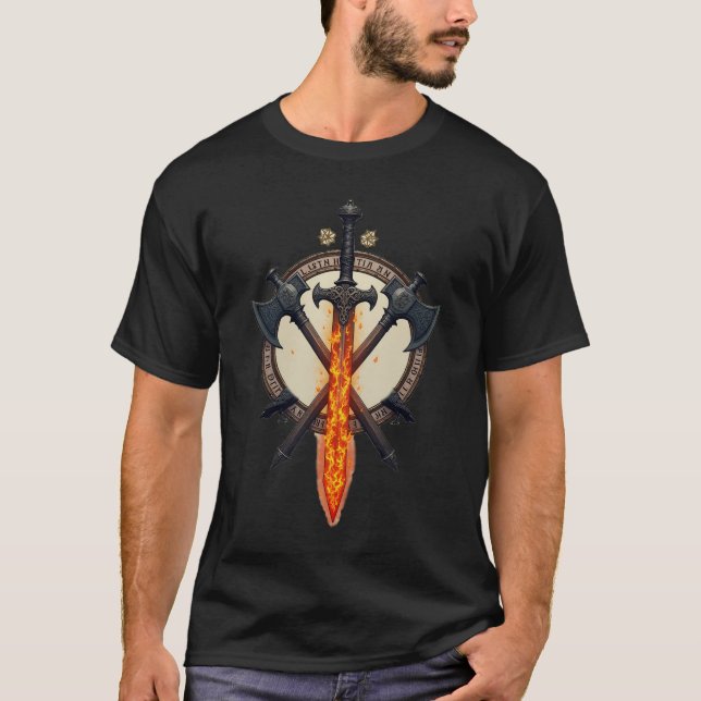 Fiery Viking Sword & Axe Emblem T Shirt (Framsida)