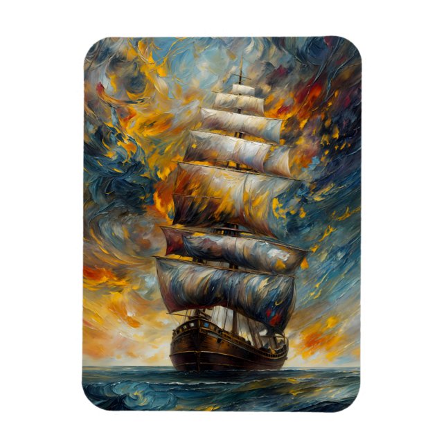 Fiery Voyage Dramatic Sailing Frakt at Sunset Art Magnet (Vertikal)