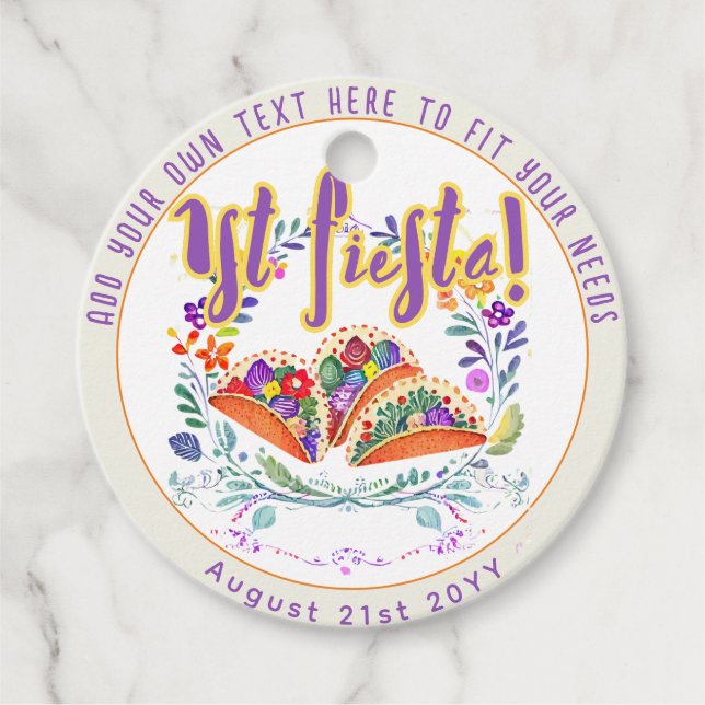 Fiesta 1st Tacos Folkart Flowers Gåvor Etiketter (Framsida)
