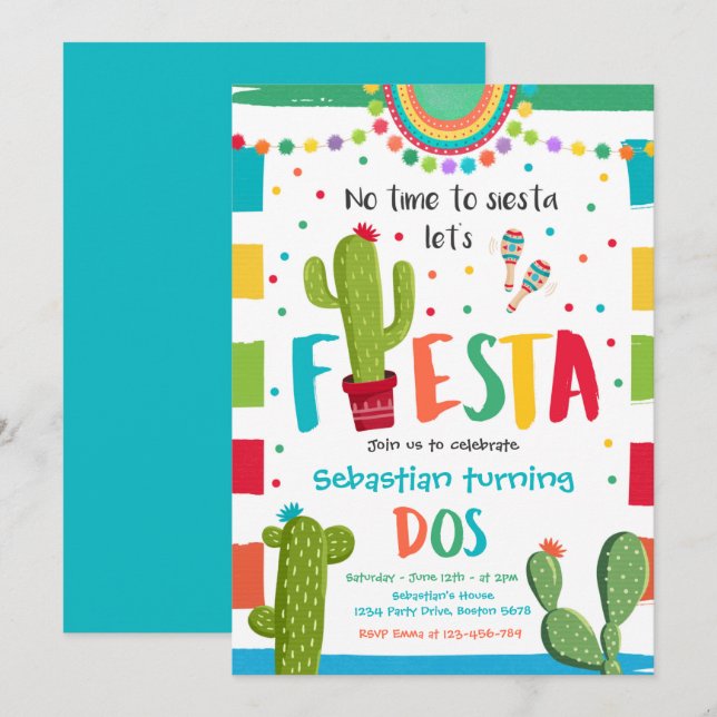 Fiesta 2:a födelsedagen Party mexikanska Cactus Pa Inbjudningar (Fram/baksida)