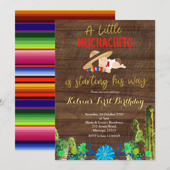 Fiesta Baby Muchacho, första födelsedagsinbjudan Inbjudningar (Fram/baksida)